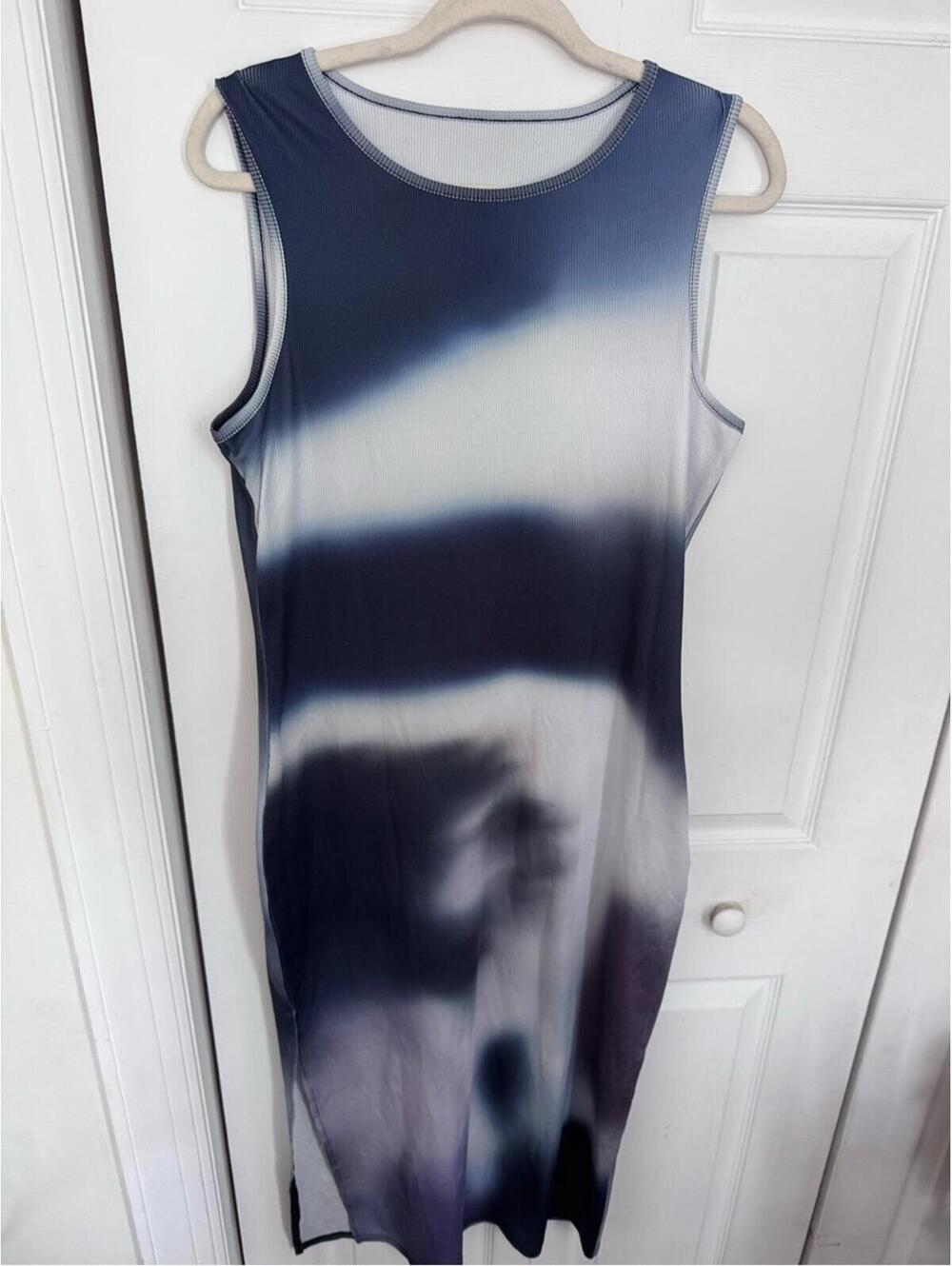 Blue & White Tye Dye Sleeveless Maxi Dress.  Side Slit